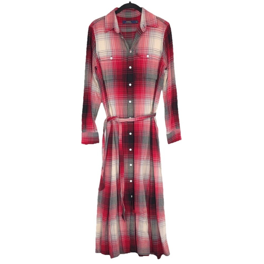 POLO RALPH LAUREN Shirt Dress Midi Size 6 Red Black‎ Plaid Cotton Twill Tie Belt